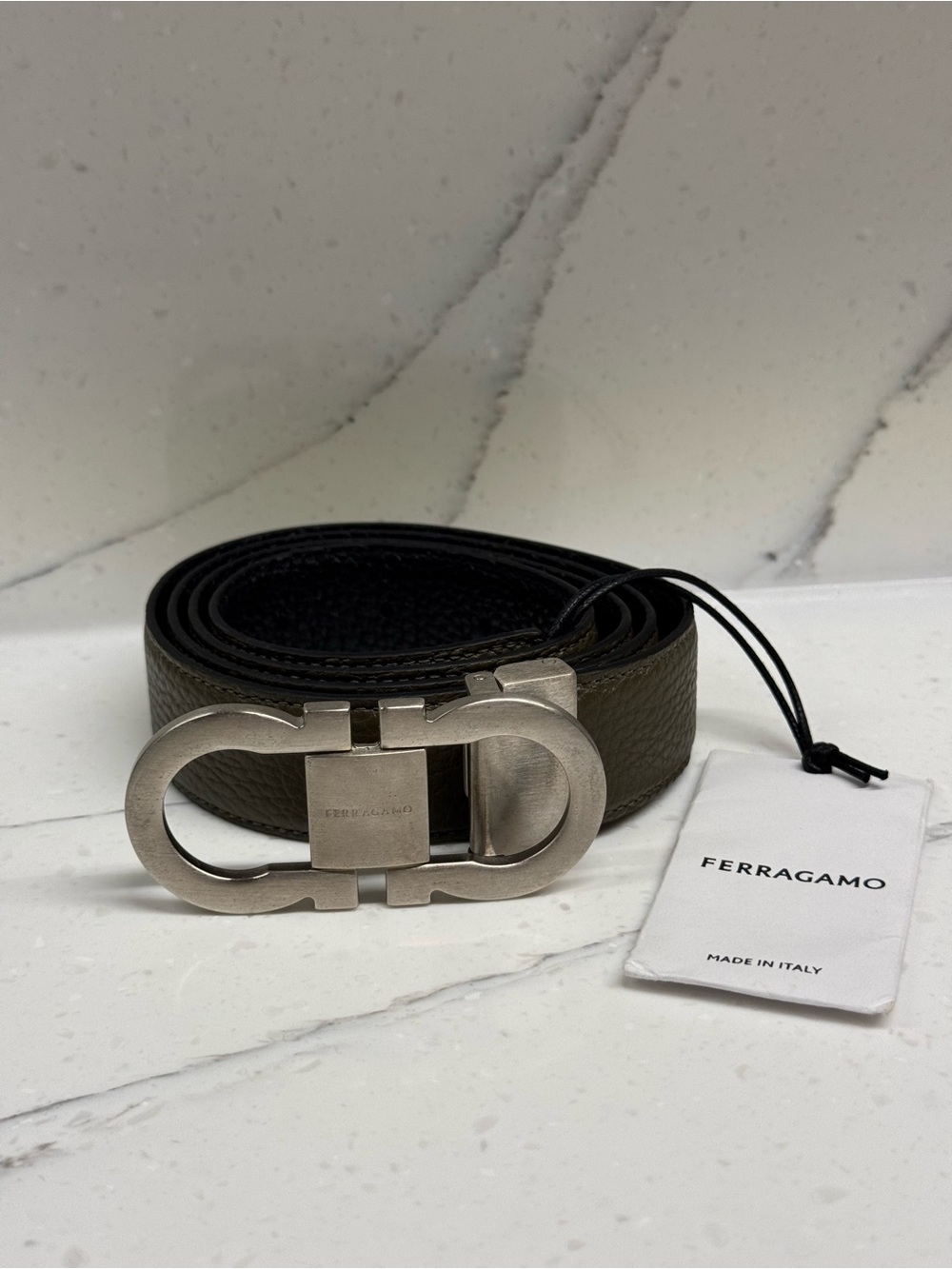Ferragamo Men's Olive Green Reversible & Adjustable Gancini Belt